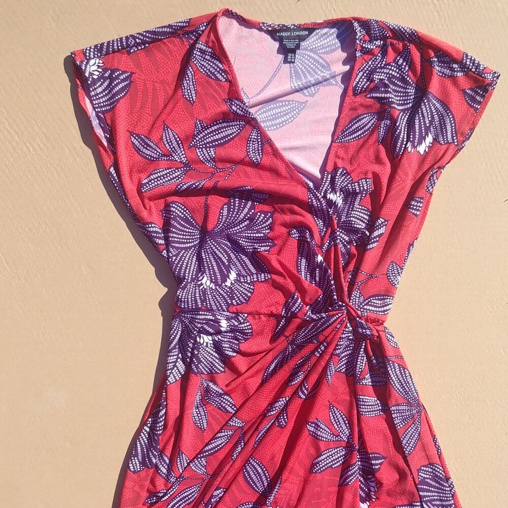 Maggy London Coral Dress with Purple Floral Print